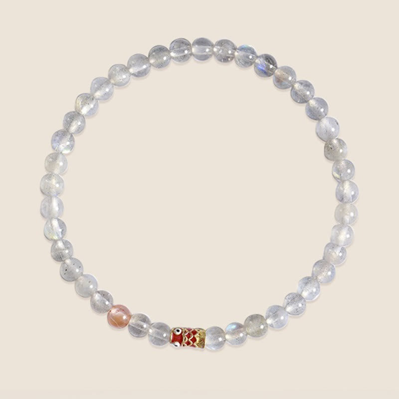 Buddha Stones Pulsera curativa ultrafina de piedra lunar con pez koi