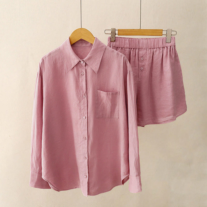 Conjunto de 2 piezas de camisa de manga larga con estampado de Buddha Stones y pantalones cortos para mujer, con bolsillos.