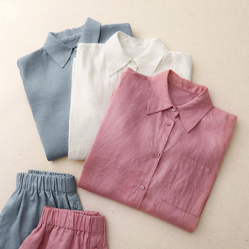 Conjunto de 2 piezas de camisa de manga larga con estampado de Buddha Stones y pantalones cortos para mujer, con bolsillos.