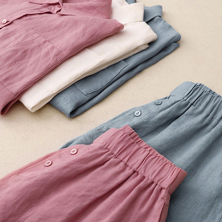 Conjunto de 2 piezas de camisa de manga larga con estampado de Buddha Stones y pantalones cortos para mujer, con bolsillos.