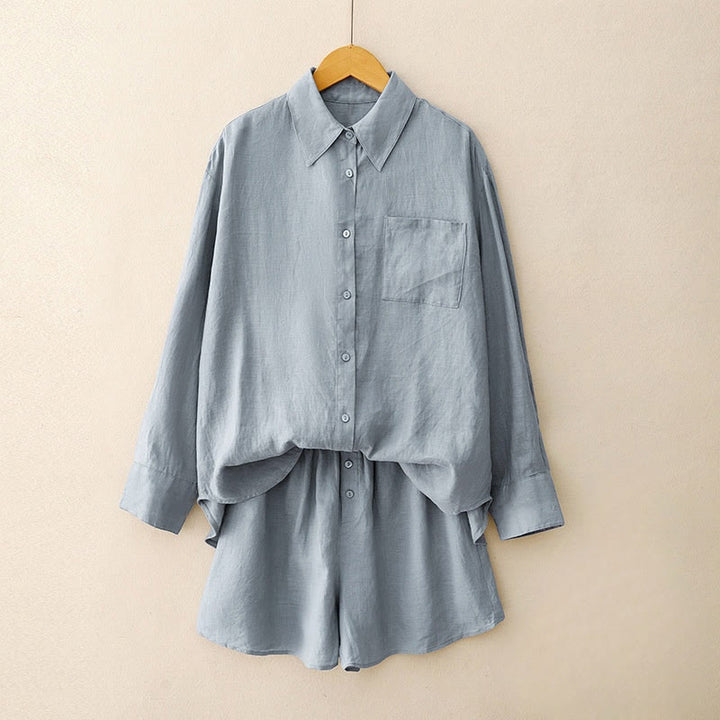 Conjunto de 2 piezas de camisa de manga larga con estampado de Buddha Stones y pantalones cortos para mujer, con bolsillos.
