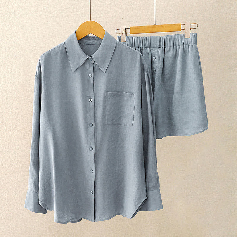 Conjunto de 2 piezas de camisa de manga larga con estampado de Buddha Stones y pantalones cortos para mujer, con bolsillos.