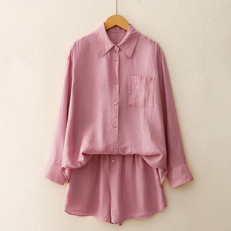 Conjunto de 2 piezas de camisa de manga larga con estampado de Buddha Stones y pantalones cortos para mujer, con bolsillos. - image 1