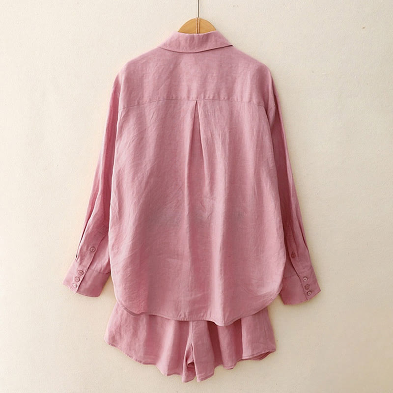 Conjunto de 2 piezas de camisa de manga larga con estampado de Buddha Stones y pantalones cortos para mujer, con bolsillos.
