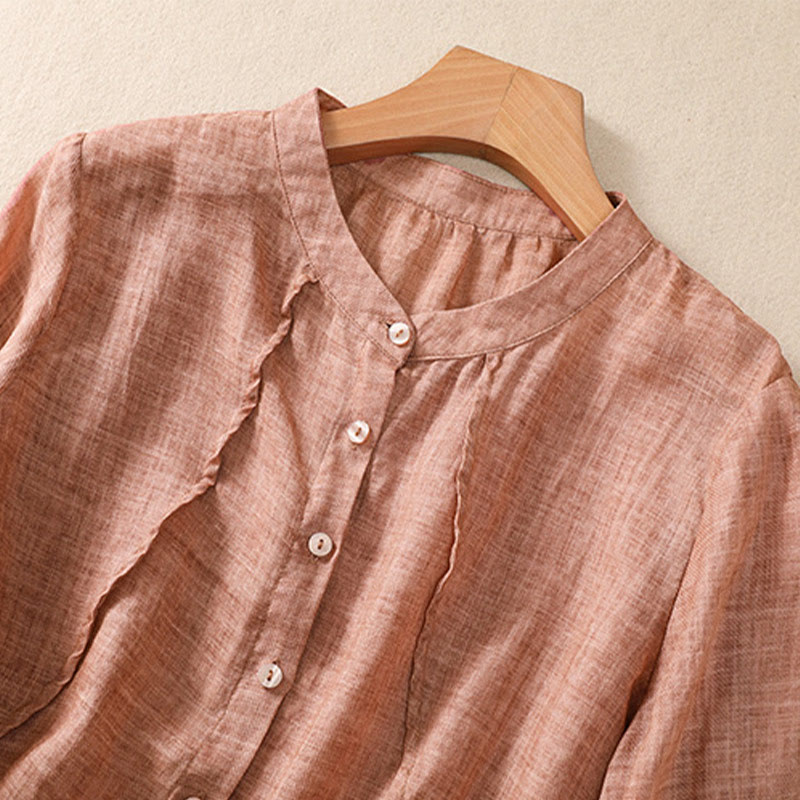 Camisa de manga tres cuartos de algodón y lino con cuello alto, diseño casual de botones y volantes, con estampado de Buddha Stones. - image 17