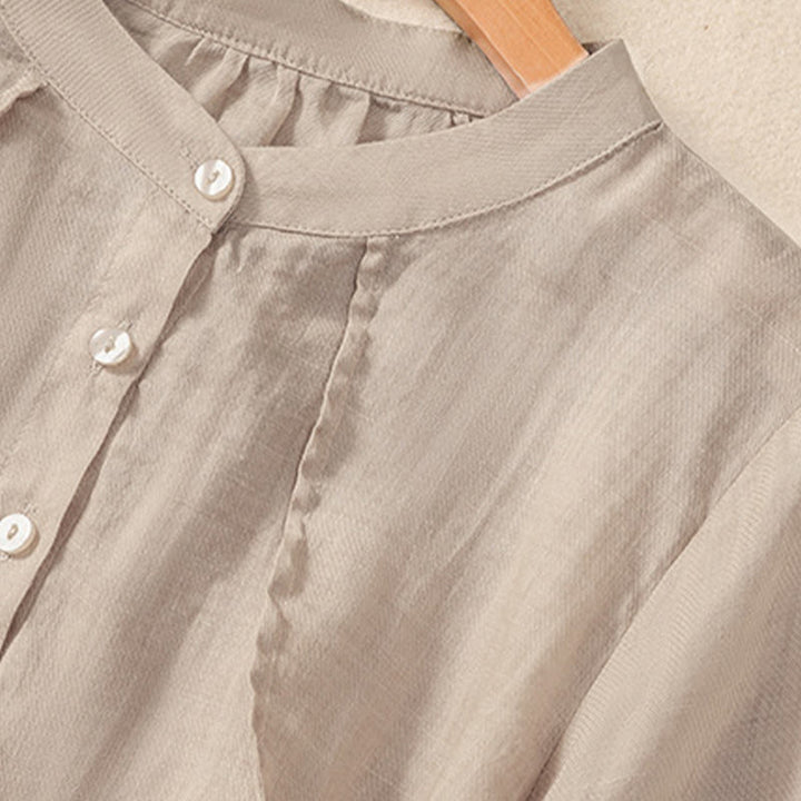 Camisa de manga tres cuartos de algodón y lino con cuello alto, diseño casual de botones y volantes, con estampado de Buddha Stones. - image 10