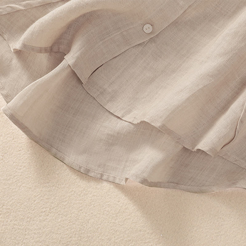 Camisa de manga tres cuartos de algodón y lino con cuello alto, diseño casual de botones y volantes, con estampado de Buddha Stones. - image 13