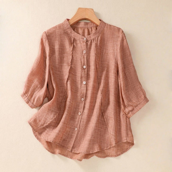 Camisa de manga tres cuartos de algodón y lino con cuello alto, diseño casual de botones y volantes, con estampado de Buddha Stones. - Coral - US8-10，UK/AU12-14，EU40-42 (2XL) - image 15