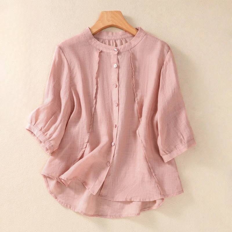 Cárdigan informal de lino y algodón para mujer, con cuello alto, manga tres cuartos y botones con volantes, estilo diario, con Buddha Stones - Rosa claro - US8-10，UK/AU12-14，EU40-42 (2XL) - image 23