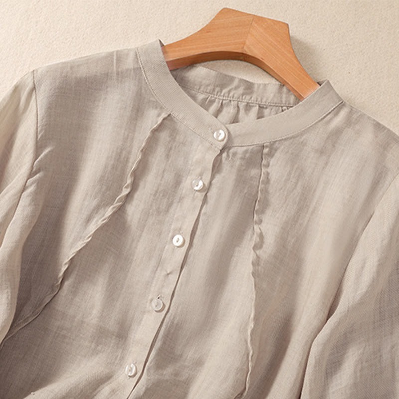 Camisa de manga tres cuartos de algodón y lino con cuello alto, diseño casual de botones y volantes, con estampado de Buddha Stones. - image 9