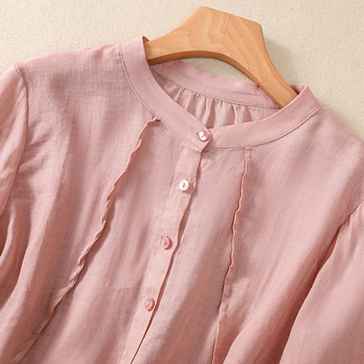 Camisa de manga tres cuartos de algodón y lino con cuello alto, diseño casual de botones y volantes, con estampado de Buddha Stones. - image 24