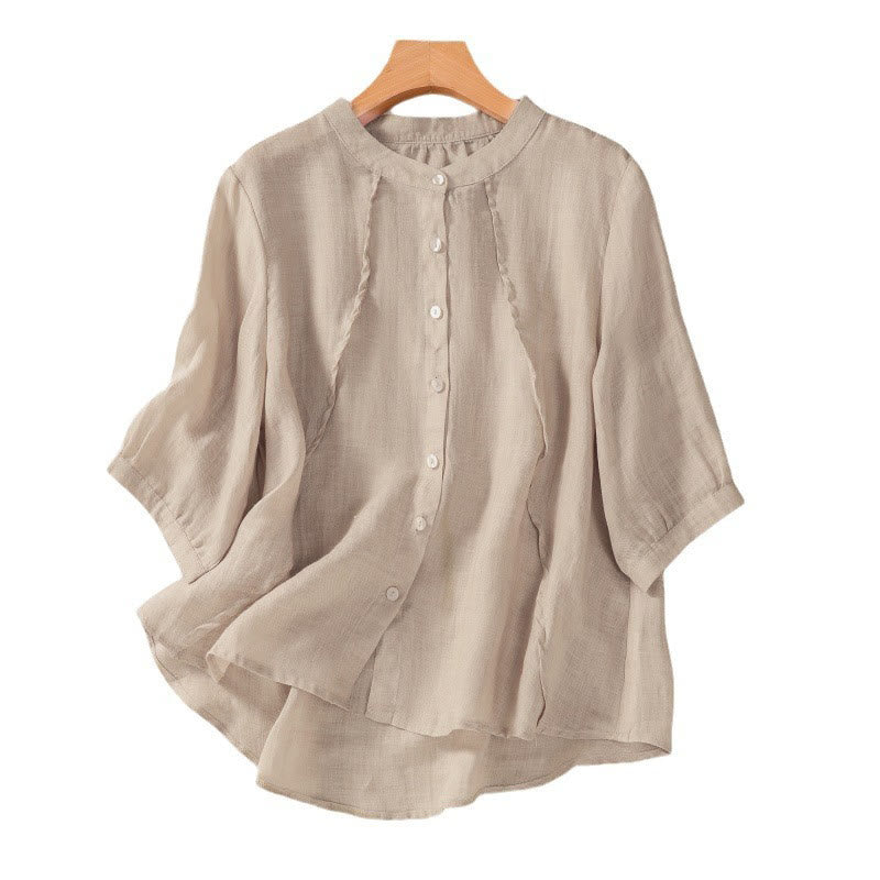Camisa de manga tres cuartos de algodón y lino con cuello alto, diseño casual de botones y volantes, con estampado de Buddha Stones. - image 14