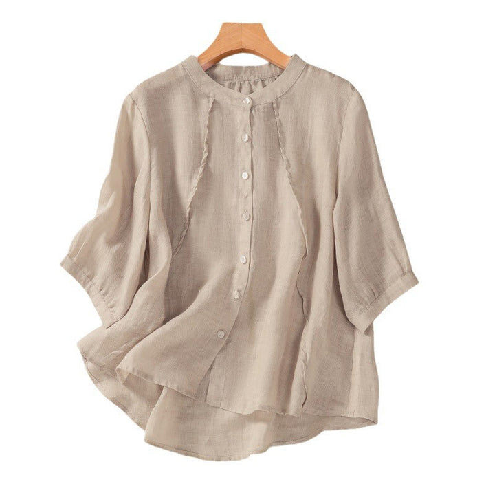 Camisa de manga tres cuartos de algodón y lino con cuello alto, diseño casual de botones y volantes, con estampado de Buddha Stones. - image 14