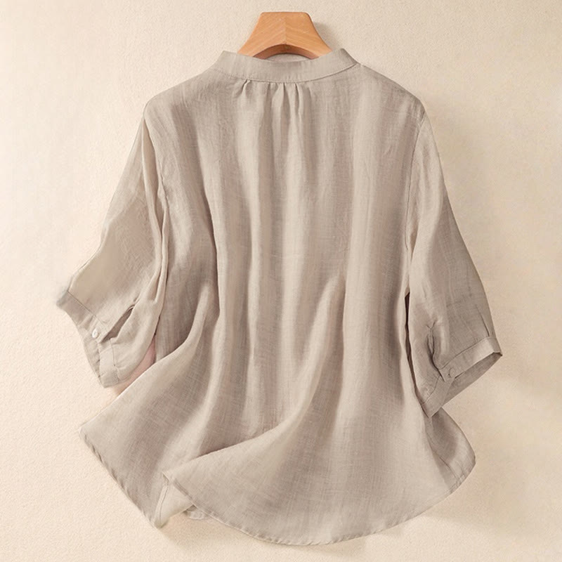Camisa de manga tres cuartos de algodón y lino con cuello alto, diseño casual de botones y volantes, con estampado de Buddha Stones. - image 8