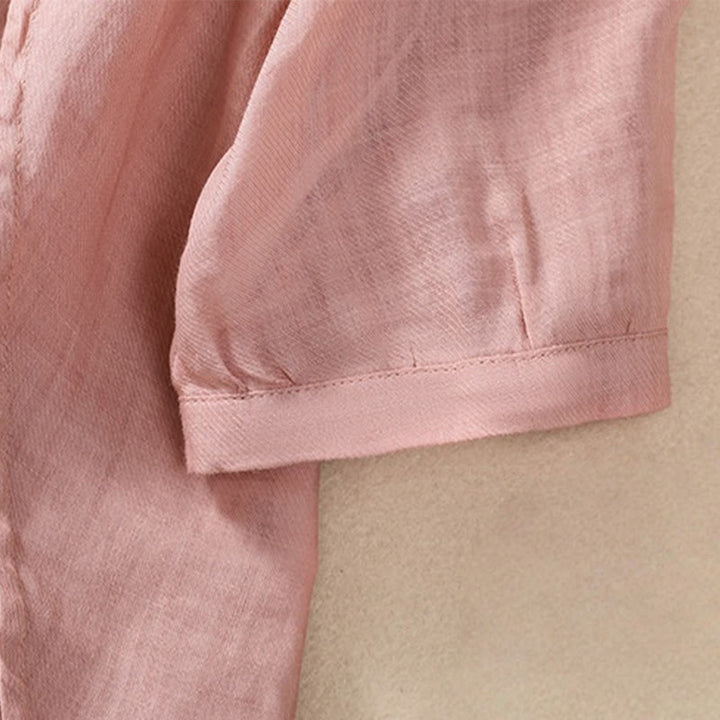 Camisa de manga tres cuartos de algodón y lino con cuello alto, diseño casual de botones y volantes, con estampado de Buddha Stones. - image 28