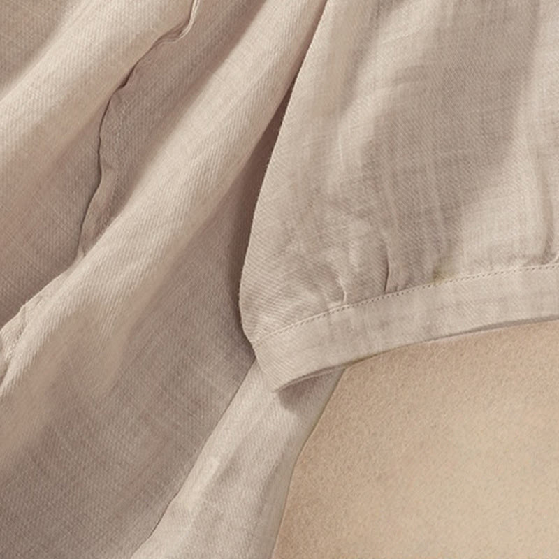 Camisa de manga tres cuartos de algodón y lino con cuello alto, diseño casual de botones y volantes, con estampado de Buddha Stones. - image 12