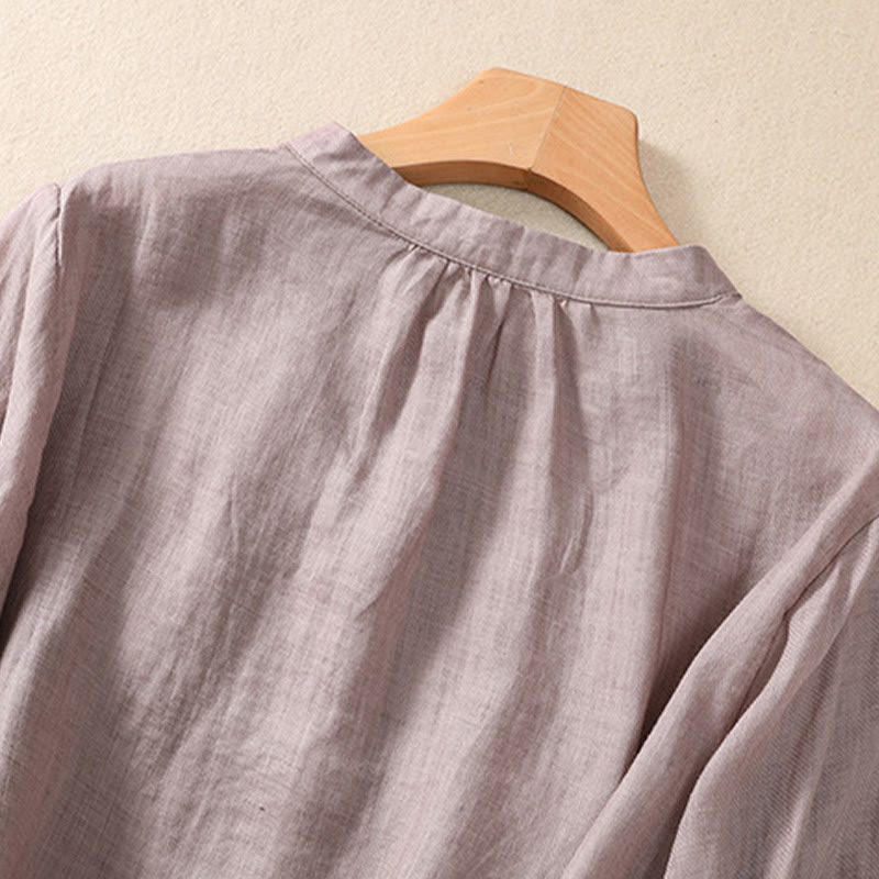 Camisa de manga tres cuartos de algodón y lino con cuello alto, diseño casual de botones y volantes, con estampado de Buddha Stones. - image 3