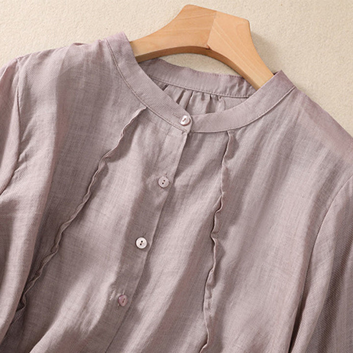 Camisa de manga tres cuartos de algodón y lino con cuello alto, diseño casual de botones y volantes, con estampado de Buddha Stones. - image 2