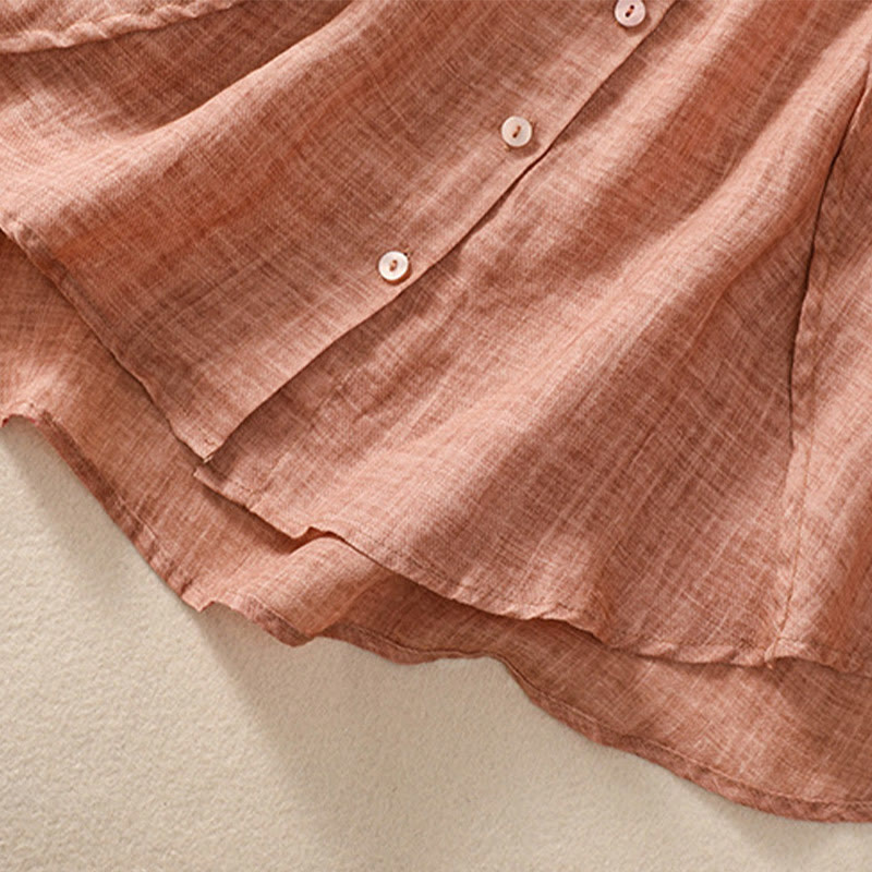 Camisa de manga tres cuartos de algodón y lino con cuello alto, diseño casual de botones y volantes, con estampado de Buddha Stones. - image 20