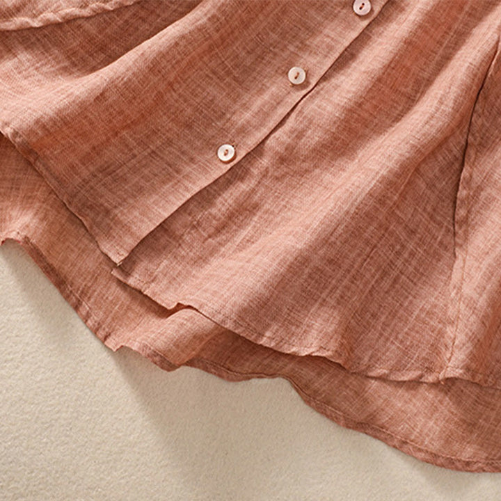Camisa de manga tres cuartos de algodón y lino con cuello alto, diseño casual de botones y volantes, con estampado de Buddha Stones. - image 20