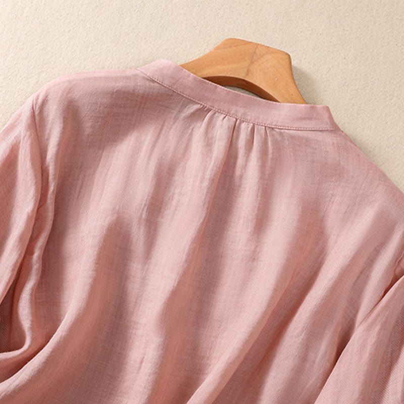 Camisa de manga tres cuartos de algodón y lino con cuello alto, diseño casual de botones y volantes, con estampado de Buddha Stones. - image 26