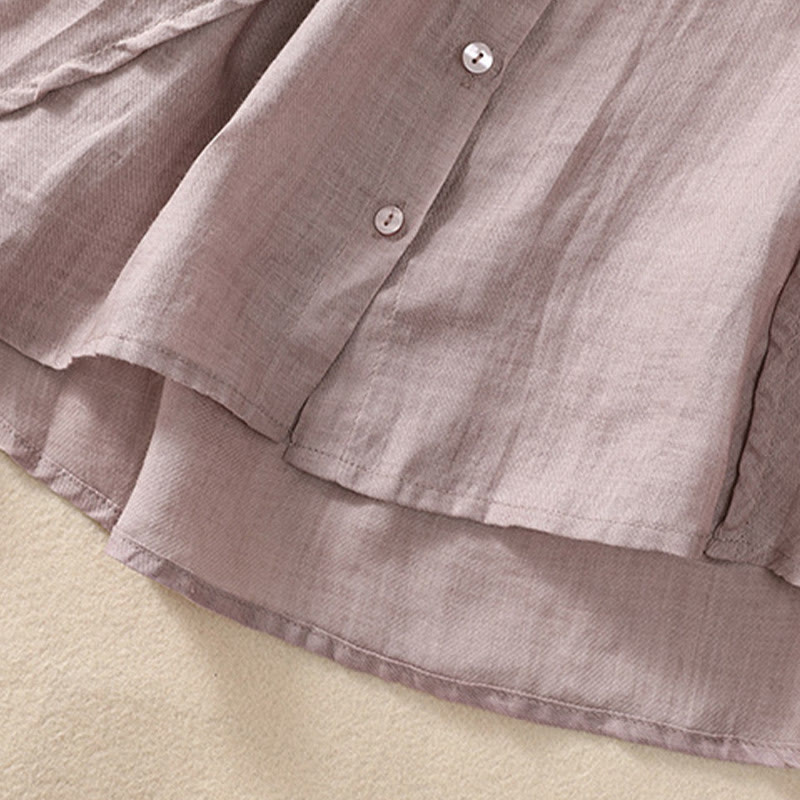 Camisa de manga tres cuartos de algodón y lino con cuello alto, diseño casual de botones y volantes, con estampado de Buddha Stones. - image 6