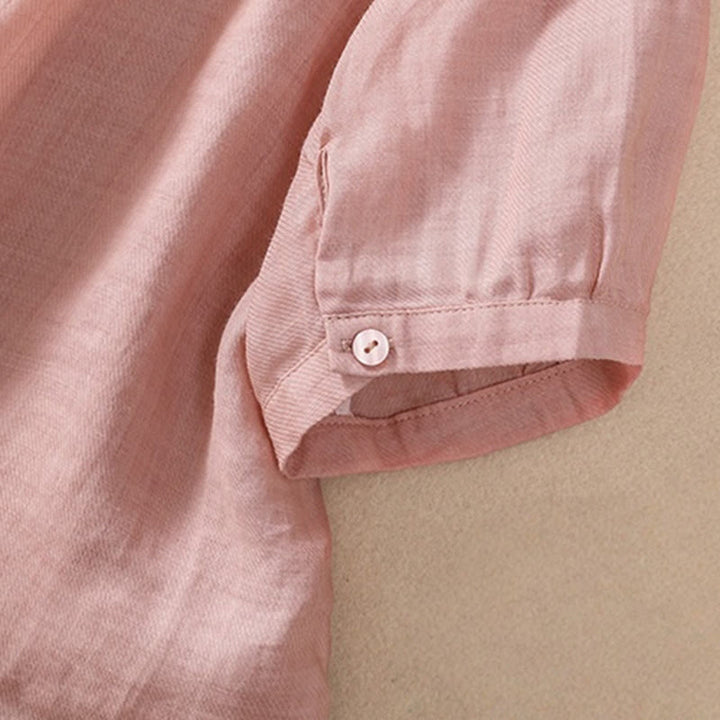 Camisa de manga tres cuartos de algodón y lino con cuello alto, diseño casual de botones y volantes, con estampado de Buddha Stones. - image 27