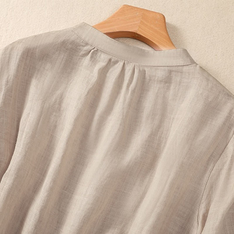 Camisa de manga tres cuartos de algodón y lino con cuello alto, diseño casual de botones y volantes, con estampado de Buddha Stones. - image 11