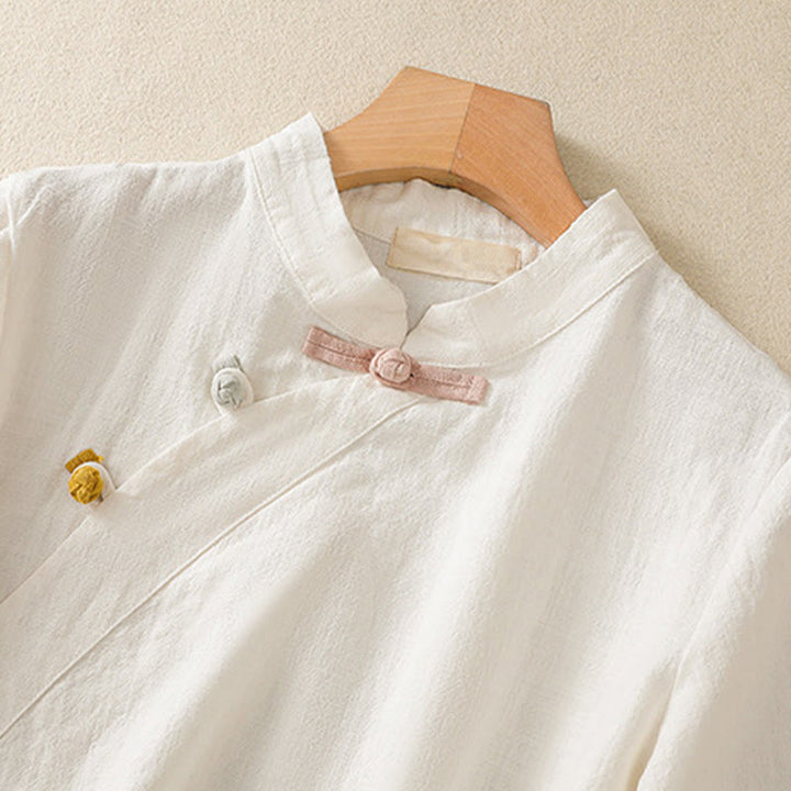 Cárdigan informal de algodón y lino con cuello alto inclinado y botones de rana para mujer, con Buddha Stones , manga tres cuartos - image 9