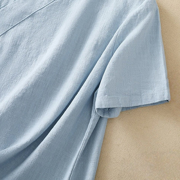 Camisa de manga tres cuartos de algodón y lino para mujer, estilo casual, con cuello alto inclinado y botones de Buddha Stones. - image 20