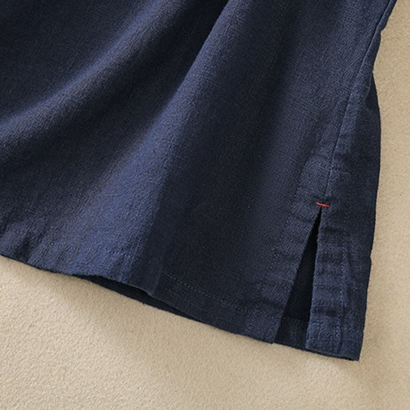 Camisa de manga tres cuartos de algodón y lino para mujer, estilo casual, con cuello alto inclinado y botones de Buddha Stones. - image 6