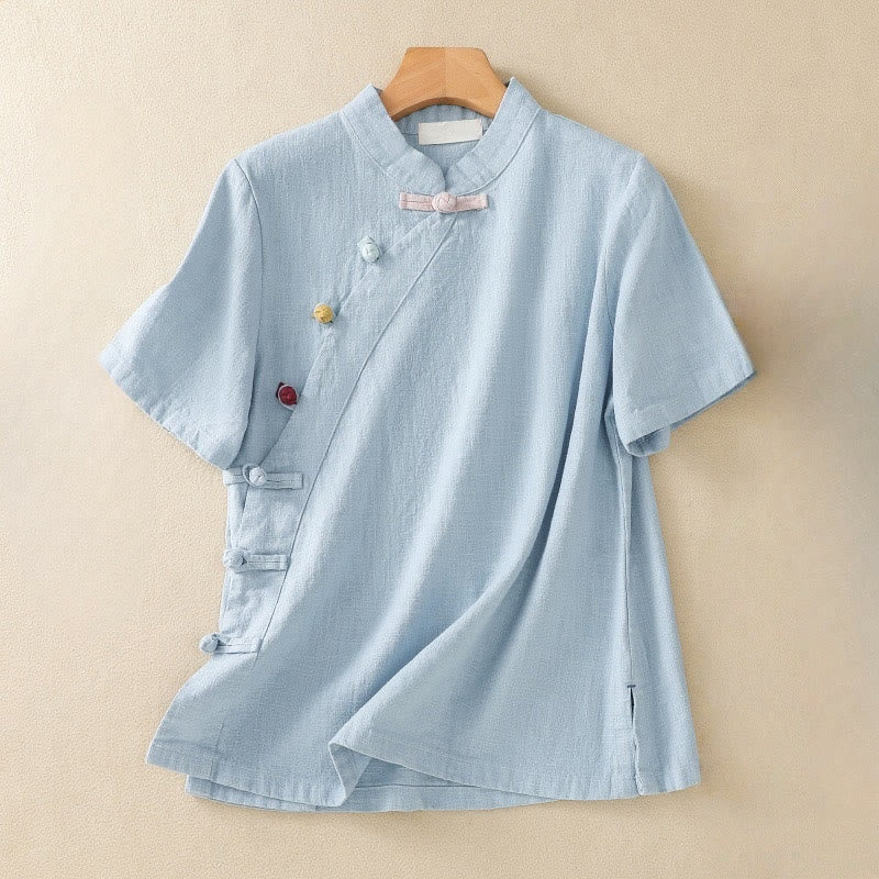 Cárdigan informal de algodón y lino con cuello alto inclinado y botones de rana para mujer, con Buddha Stones , manga tres cuartos - Azul cielo claro - US8-10，UK/AU12-14，EU40-42 (2XL) - image 15