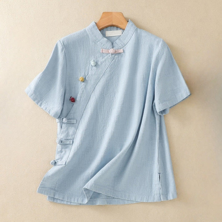 Camisa de manga tres cuartos de algodón y lino para mujer, estilo casual, con cuello alto inclinado y botones de Buddha Stones. - Azul cielo claro - US8-10，UK/AU12-14，EU40-42 (2XL) - image 15