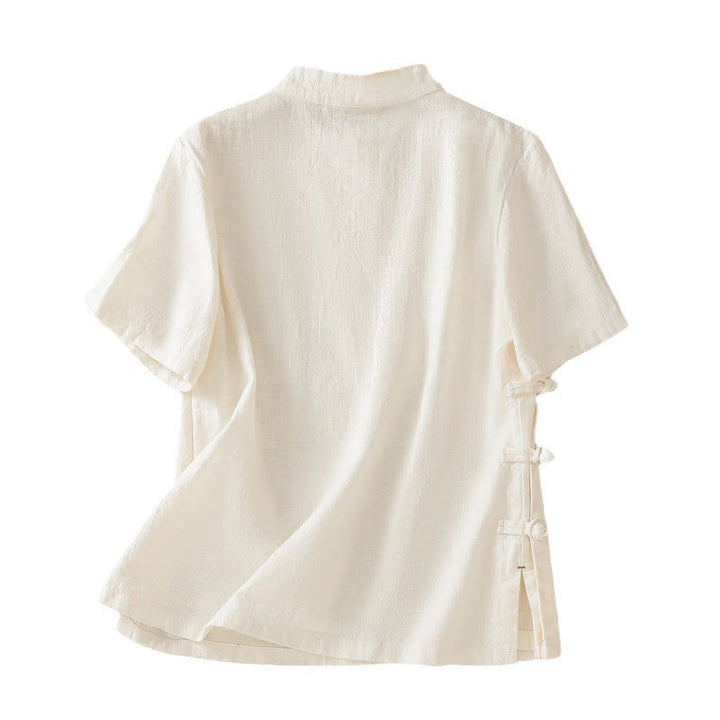 Camisa de manga tres cuartos de algodón y lino para mujer, estilo casual, con cuello alto inclinado y botones de Buddha Stones. - image 14