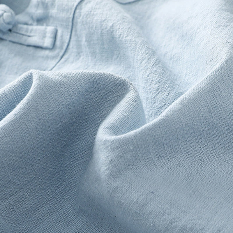Camisa de manga tres cuartos de algodón y lino para mujer, estilo casual, con cuello alto inclinado y botones de Buddha Stones. - image 22
