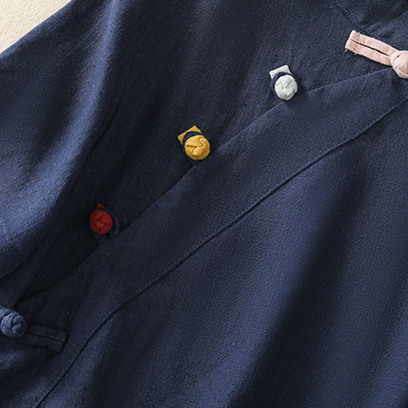 Camisa de manga tres cuartos de algodón y lino para mujer, estilo casual, con cuello alto inclinado y botones de Buddha Stones. - image 2