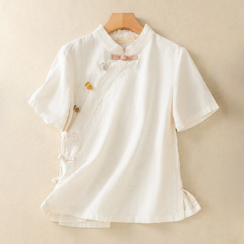 Camisa de manga tres cuartos de algodón y lino para mujer, estilo casual, con cuello alto inclinado y botones de Buddha Stones. - Beige - US8-10，UK/AU12-14，EU40-42 (2XL) - image 7