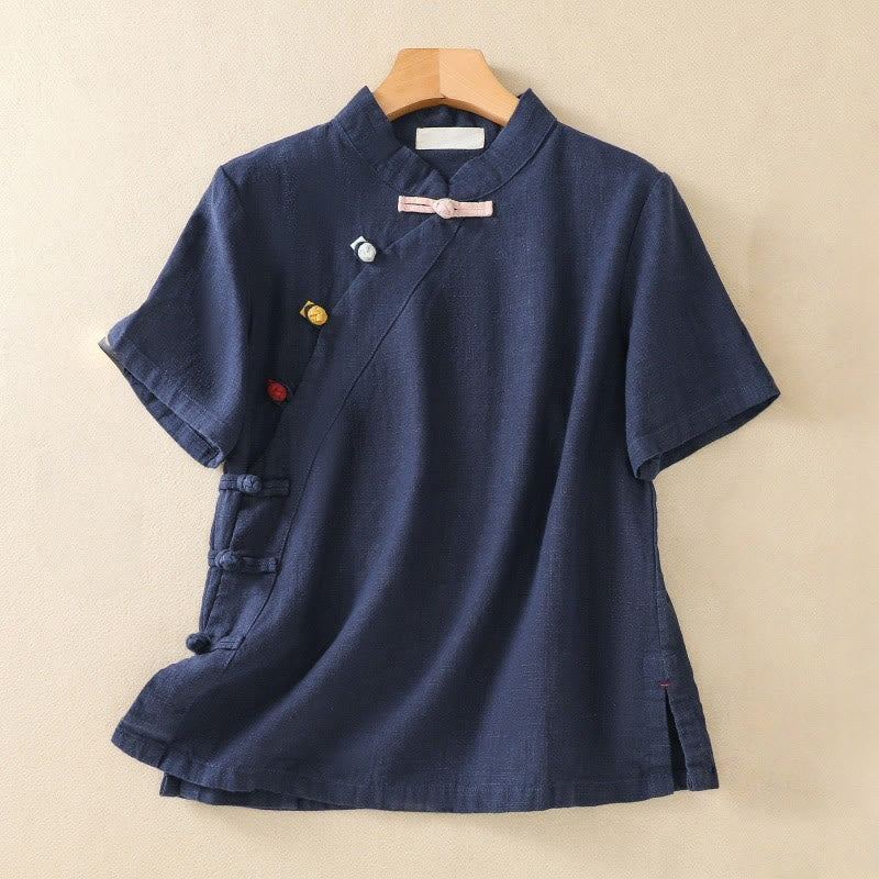 Camisa de manga tres cuartos de algodón y lino para mujer, estilo casual, con cuello alto inclinado y botones de Buddha Stones. - Marina de guerra - US8-10，UK/AU12-14，EU40-42 (2XL) - image 0