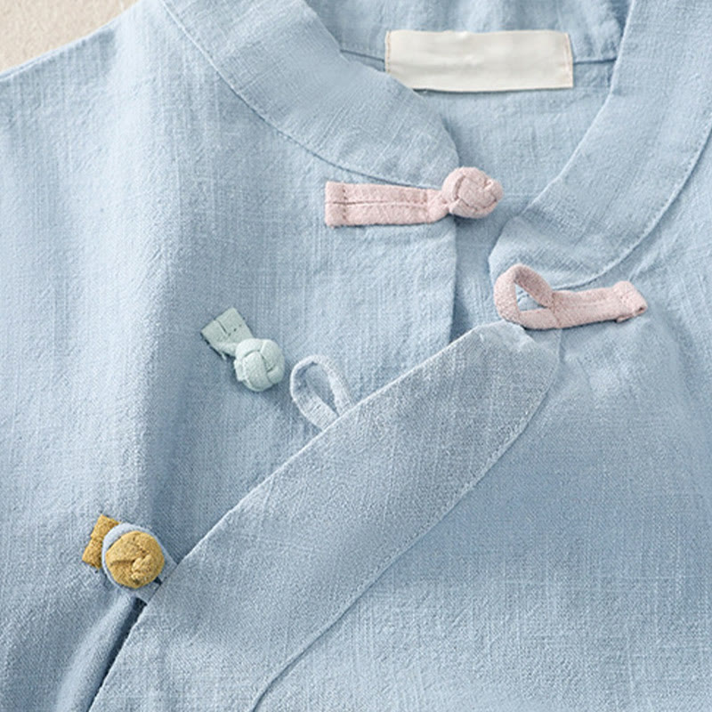 Camisa de manga tres cuartos de algodón y lino para mujer, estilo casual, con cuello alto inclinado y botones de Buddha Stones. - image 19