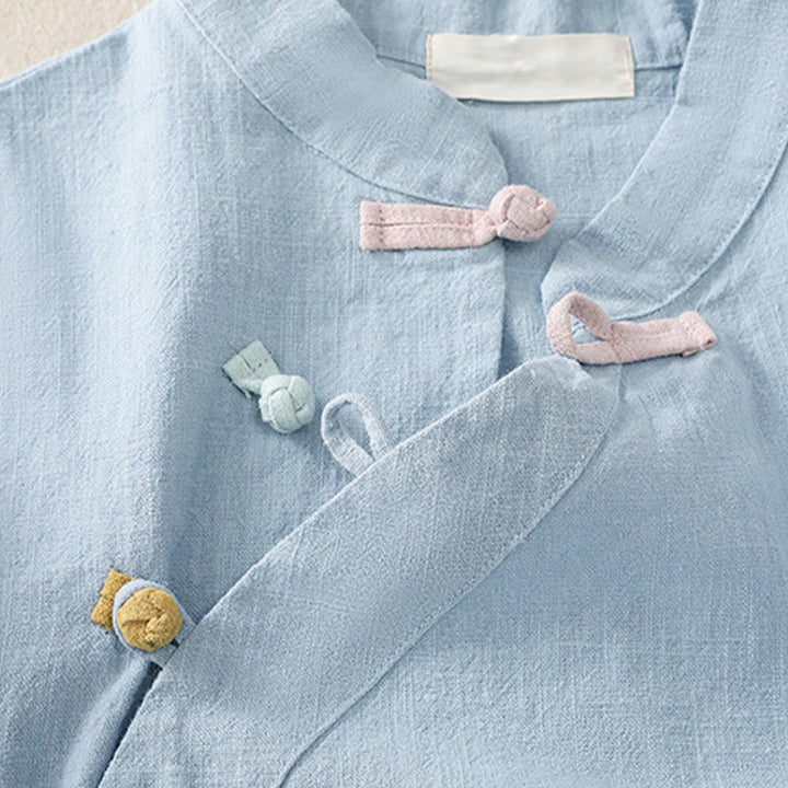 Camisa de manga tres cuartos de algodón y lino para mujer, estilo casual, con cuello alto inclinado y botones de Buddha Stones. - image 19