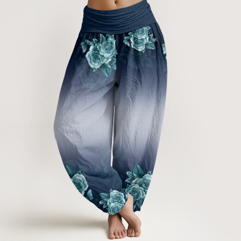 Pantalones harén de cintura elástica para mujer con estampado de hojas y Buddha Stones - Azul oscuro - US22，UK/AU26，EU54 (6XL) - image 5
