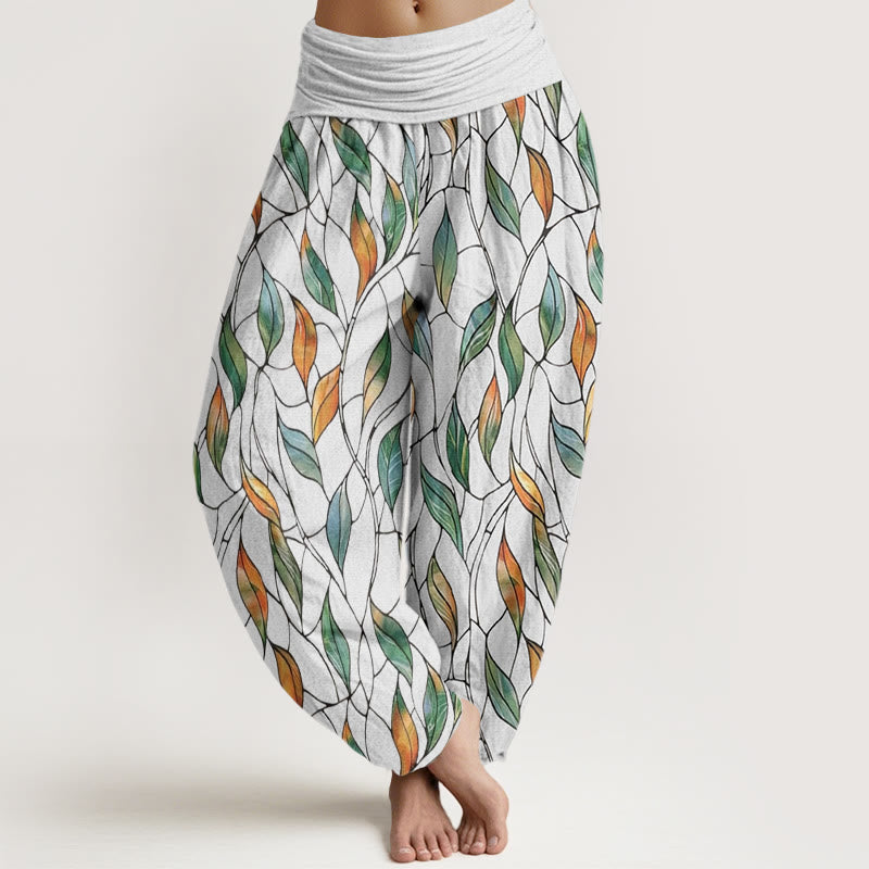 Pantalones harén con cintura elástica para mujer, informales, con delicados estampados de hojas coloridas y piedras de Buddha Stones - Nieve - US22，UK/AU26，EU54 (6XL) - image 1