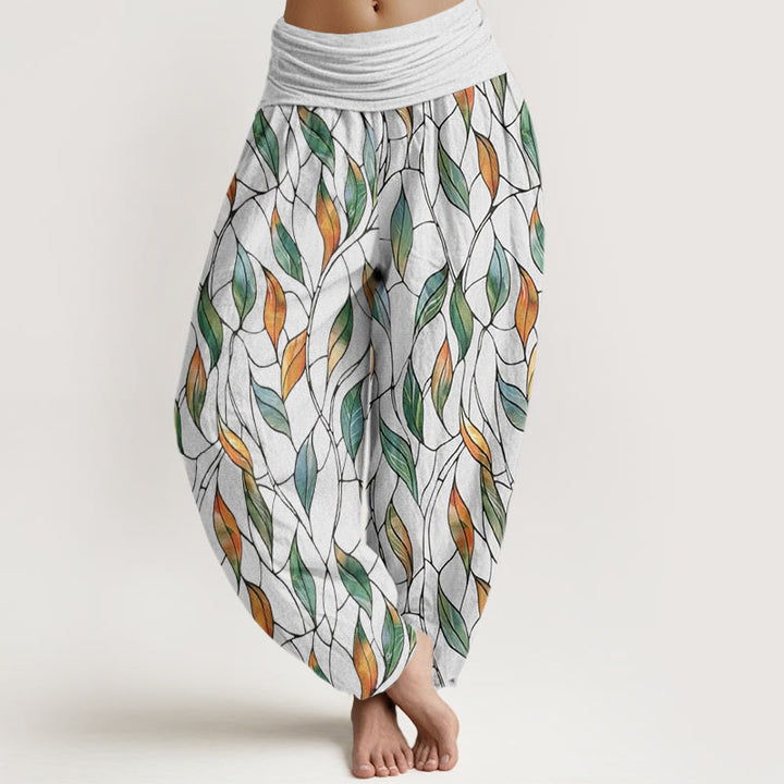 Pantalones harén con cintura elástica para mujer, informales, con delicados estampados de hojas coloridas y piedras de Buddha Stones - Nieve - US22，UK/AU26，EU54 (6XL) - image 1