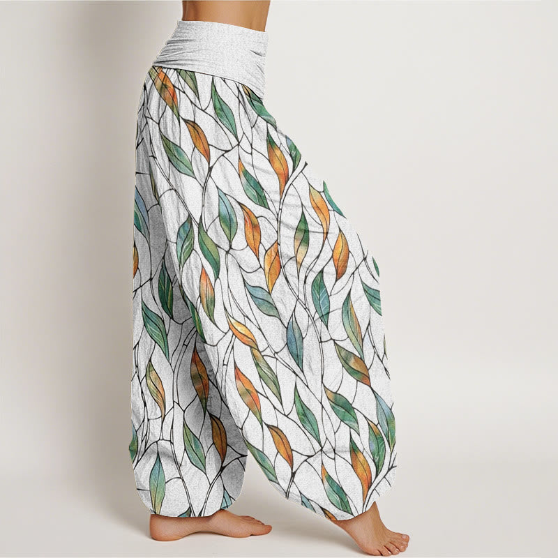 Pantalones harén con cintura elástica para mujer, informales, con delicados estampados de hojas coloridas y piedras de Buddha Stones - image 2