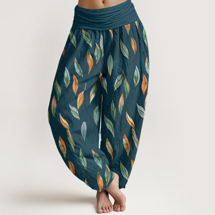 Pantalones harén con cintura elástica para mujer, informales, con delicados estampados de hojas coloridas y piedras de Buddha Stones - Cian oscuro - US22，UK/AU26，EU54 (6XL) - image 5