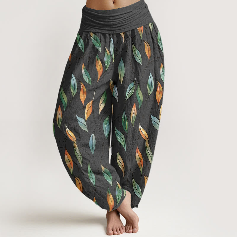 Pantalones harén con cintura elástica para mujer, informales, con delicados estampados de hojas coloridas y piedras de Buddha Stones - Gris oscuro - US22，UK/AU26，EU54 (6XL) - image 8