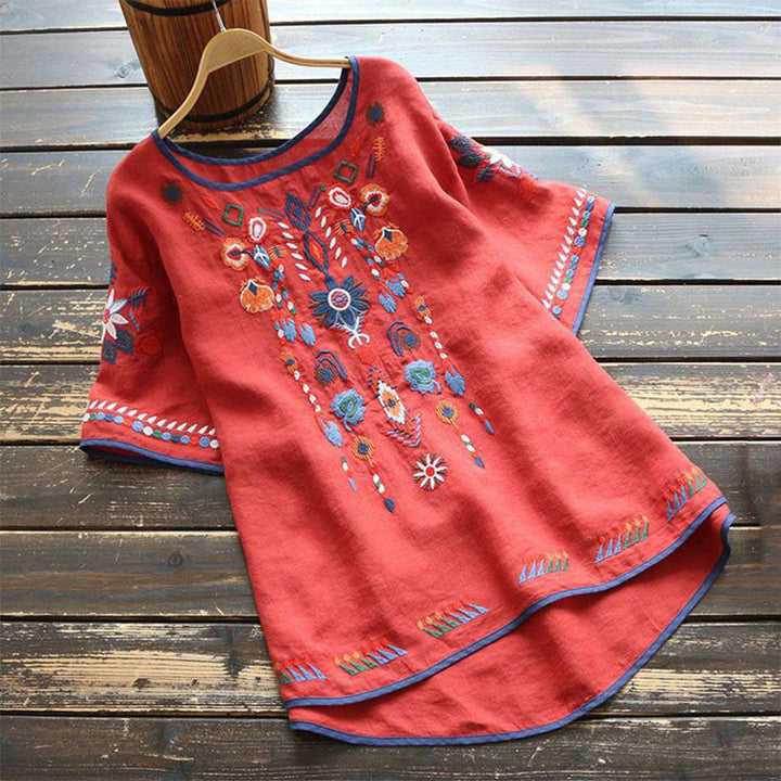 Camiseta de manga corta de algodón y lino para mujer con bordado artístico retro floral y Buddha Stones , cuello redondo - Rojo - US14, UK/AU18, EU46 (4XL) - image 8