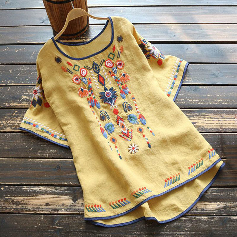 Camiseta de manga corta de algodón y lino para mujer con bordado artístico retro floral y Buddha Stones , cuello redondo - Amarillo - US14, UK/AU18, EU46 (4XL) - image 13