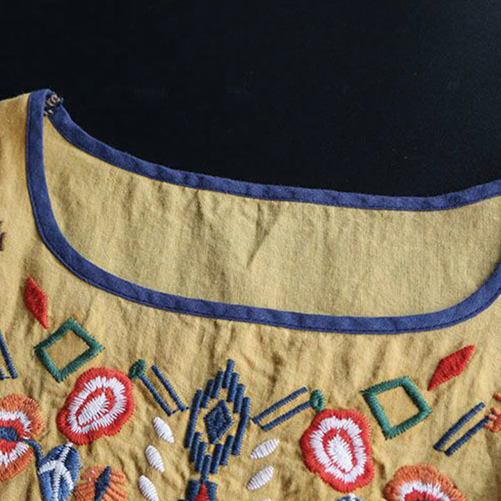 Camiseta de manga corta de algodón y lino para mujer con bordado artístico retro floral y Buddha Stones , cuello redondo - image 14