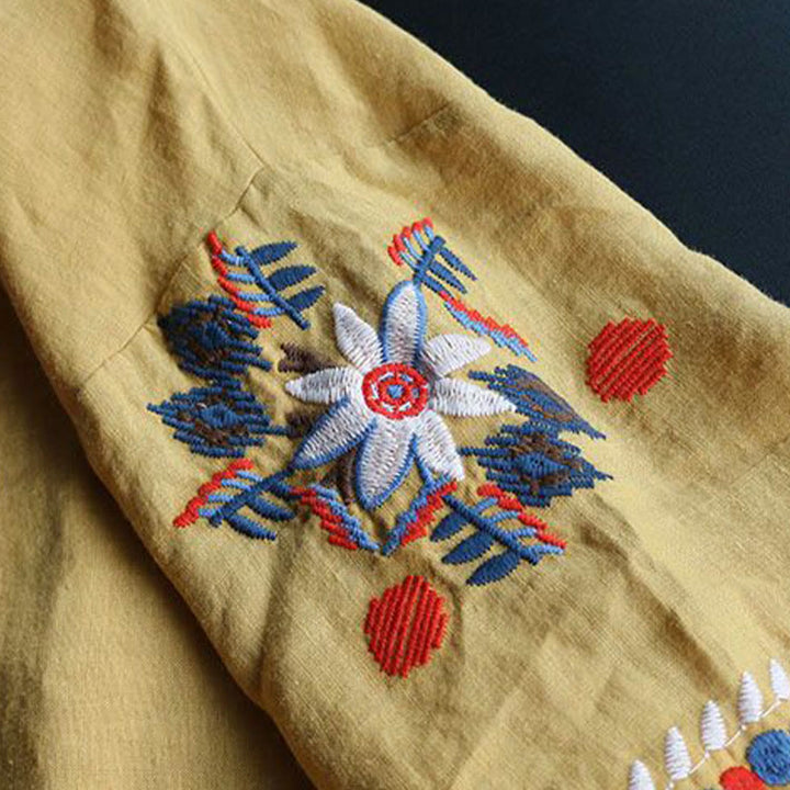 Camiseta de manga corta de algodón y lino para mujer con bordado artístico retro floral y Buddha Stones , cuello redondo - image 16